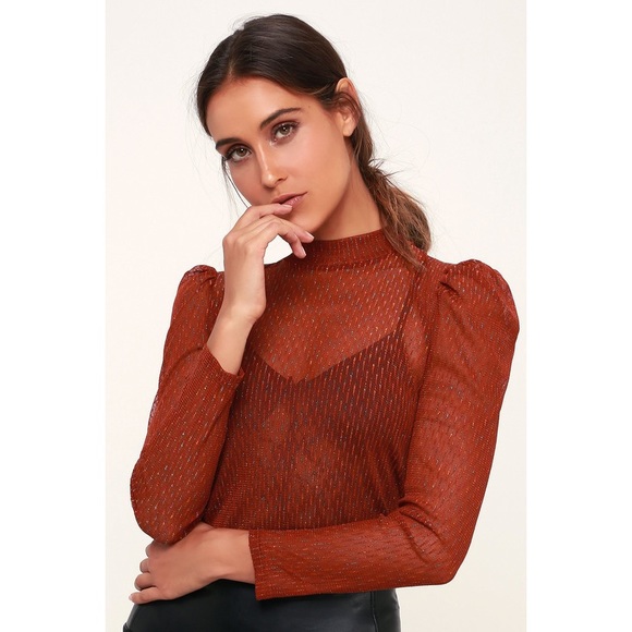 Rust Orange Sheer Long Sleeve Mock Neck Top - Picture 4 of 5
